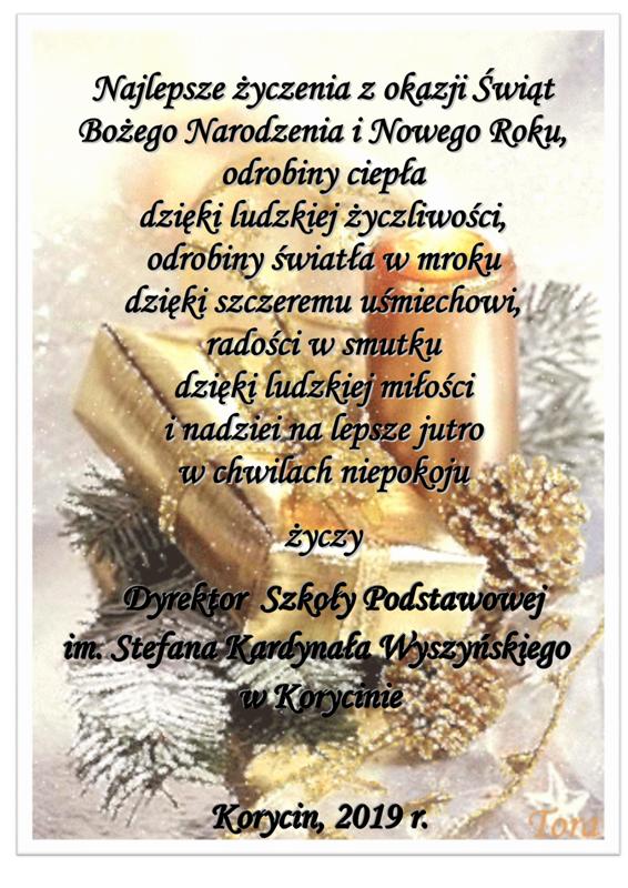 Na tle stroika z świerkowych gałązek z zapaloną świecą napis: najlepsze życzenia z okazji świat Bożego Narodzenia składa dyrektor szkoły 